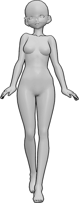Referencia de poses- Anime gafas de pie pose - Mujer anime está de pie, encogiéndose de hombros, mirando hacia delante, lleva gafas