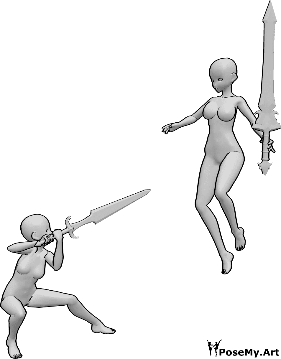 Pose Reference- Anime females fighting pose - Anime females preparing to fight pose