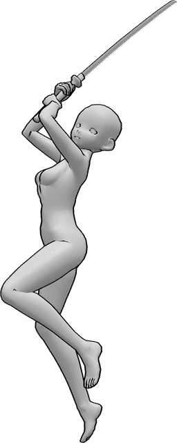Referência de poses- Pose de espada de salto de anime - Mulher de anime salta com uma pose de espada