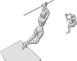 Référence des poses- Combat à l'épée attaque sautée - Un combat à l'épée entre deux personnages, l'un saute pour attaquer et l'autre se défend.