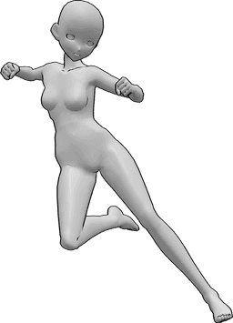Riferimento alle pose- Anime posa dinamica pugno femminile - Una donna antropomorfa sta per dare un pugno a qualcuno, le sue mani sono strette a pugno, posa dinamica del pugno