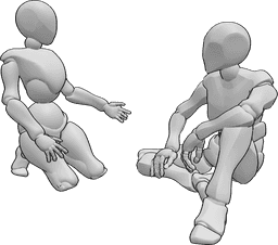 Referencia de poses- Postura sentada de conversación - Mujer y hombre manteniendo una conversación sentados sobre sus rodillas posan