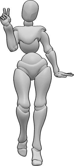Posen-Referenz- Niedliche stehende Pose - Frau steht und posiert niedlich, macht Friedenszeichen mit ihrer rechten Hand