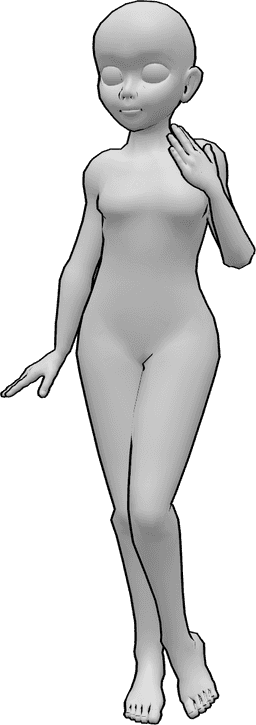 Referencia de poses- Postura tímida de pie - Tímida mujer anime de pie