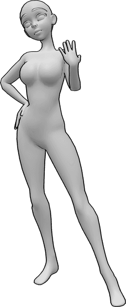 Referencia de poses- Pose de mujer anime segura de sí misma - Mujer anime segura de sí misma en pose de pie