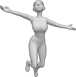 Référence des poses- Pose de saut heureuse de l'anime - Une femme animée heureuse saute et regarde le ciel pose