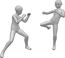 Referência de poses- Pose de luta de anime - Os machos de anime estão a lutar uns com os outros em pose