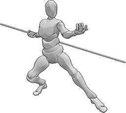 Referência de poses- Homem a convidar para uma pose de combate - Homem segurando um bastão e convidando a uma pose de combate