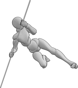 Posen-Referenz- Weibliche Sprünge Pose - Frau springt hoch und kickt, während sie sich auf den Stab stützt