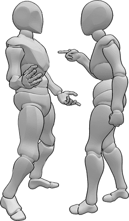 Posen-Referenz- Wütendes Paar kämpft in Pose - Ein wütendes Paar streitet sich, die Frau zeigt auf die männliche Pose