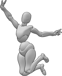 Referência de poses- Mulher em pose de salto feliz - A fêmea salta alegremente no ar em pose