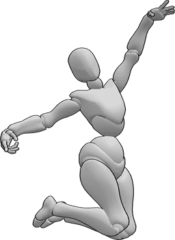 Referência de poses- Pose de salto com as mãos levantadas - Salto acrobático feminino no ar com pose de mãos levantadas