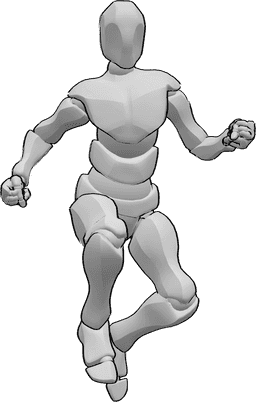 Référence des poses- Pose de saut en hauteur - L'homme saute en hauteur en posant les poings serrés.