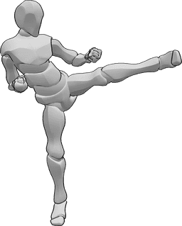Referência de poses- Pose de pontapé de pé esquerdo - Homem dá pontapés com o pé esquerdo em pose de karaté