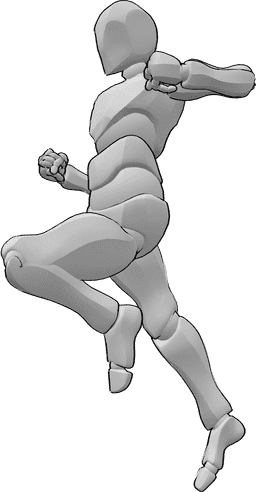 Referência de poses- Pose masculina de soco no ar - Macho salta para o ar e faz pose de soco