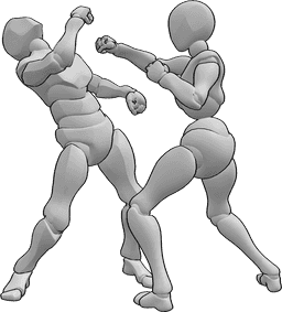 Référence des poses- Pose de coup de poing femme-homme - Une femme et un homme se battent, la femme donne un coup de poing.