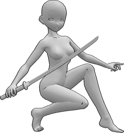 Référence des poses- Anime femme katana pose - Femme animée avec un katana, prête à se battre