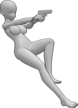 Posen-Referenz- Anime-Jump-Gun-Pose - Anime-Frau springt nach hinten und feuert die Pistolen-Pose ab