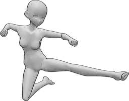 Referência de poses- Pose feminina de pontapé no ar - Pose de mulher de anime a dar pontapés no ar