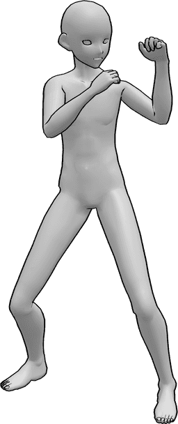 Referência de poses- Pose de combate em pé - Homem anime de pé, pose de pronto a lutar