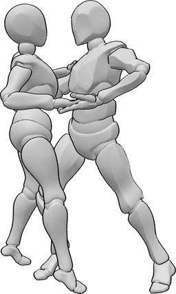 Posen-Referenz- Romantische Tanzpose - Weibliches und männliches Paar tanzt und schaut sich gegenseitig in die Augen Pose