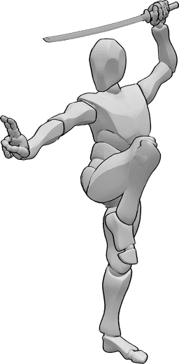Referência de poses- Pose de katana masculina - Homem com uma katana na mão esquerda em pose de kung fu