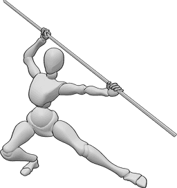 Référence des poses- Femme prenant la pose du personnel - Femme tenant un bâton, pose kung-fu