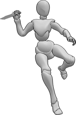 Referência de poses- Saltar segurando a pose do punhal - A mulher está a saltar com um punhal na pose da mão direita