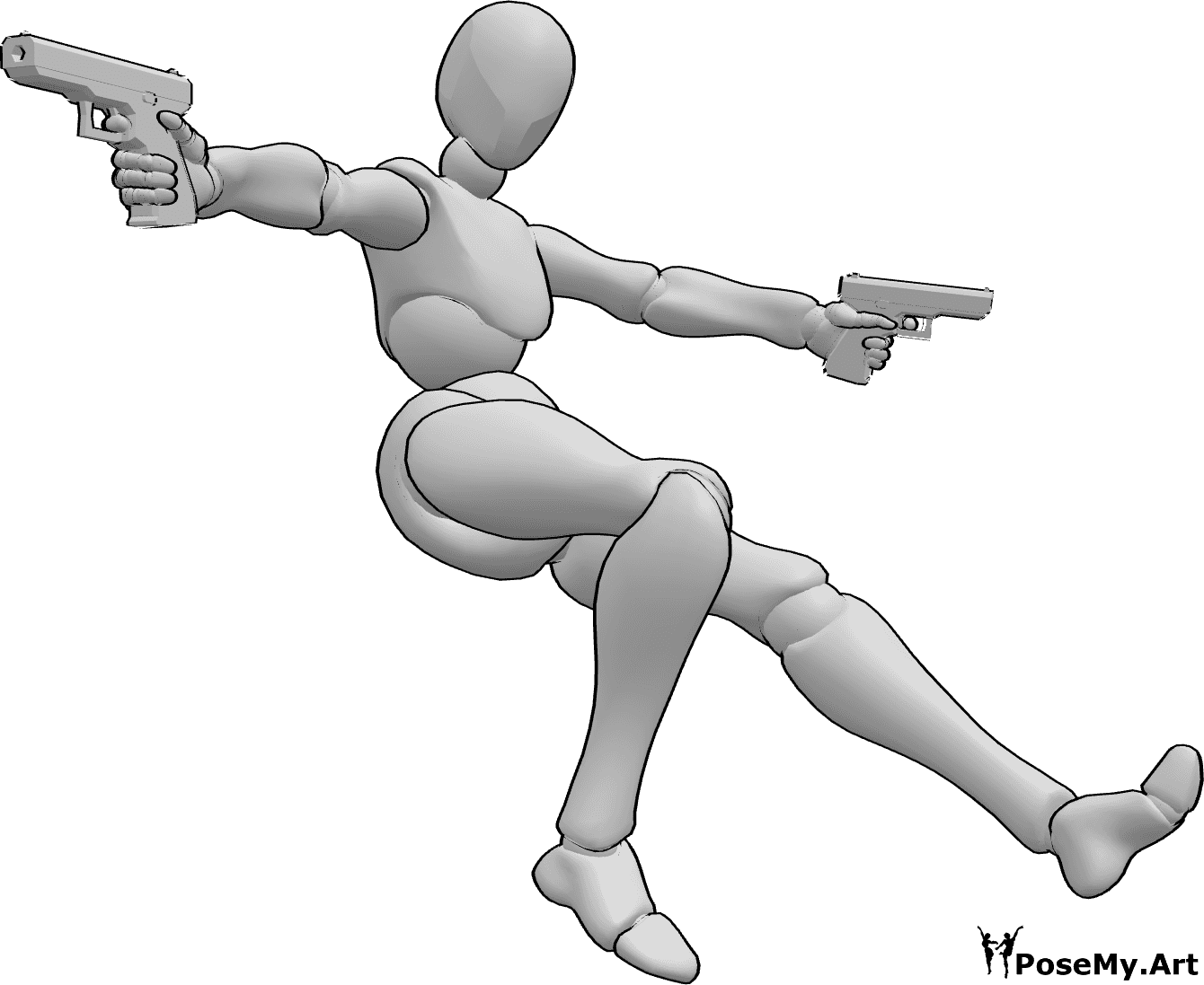 Pose Reference- Falling two guns pose - Female falls backwards and aims gun with both hands, action pose