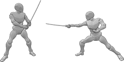 Posen-Referenz- Kampf-Katanas-Pose - Zwei Männer kämpfen mit Katana-Pose