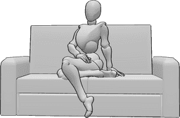 Référence des poses- Pose du canapé assis - La femme est assise sur le canapé, la main droite posée sur la cuisse.