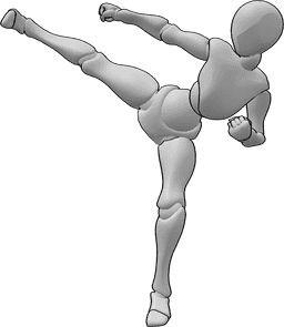 Referência de poses- Pose de pontapé de taekwondo feminino - Pontapé frontal de taekwondo feminino com pose da perna direita