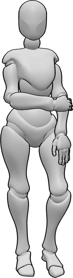 Referencia de poses- Mujer tímida de pie - Mujer tímida de pie, sosteniendo su mano izquierda posa