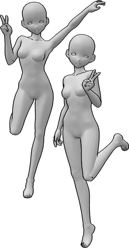 Referência de poses- Pose de salto de uma mulher de anime - Pose de fêmeas de anime a saltar alegremente e a dizer 