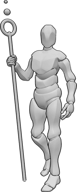 Référence des poses- Pose du sceptre magique debout - Sorcier masculin tenant un sceptre magique, pose debout