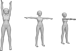 Referencia de poses- Anime femenino pose gimnástica - Tres mujeres anime están de pie y haciendo ejercicios gimnásticos