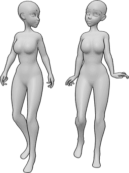 Referencia de poses- Anime mujeres caminando pose - Dos mujeres anime caminando juntas posan