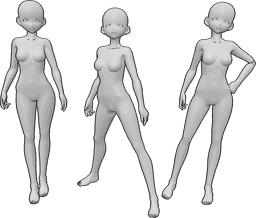 Referência de poses- Três mulheres de anime em pose - Três mulheres de anime estão de pé e a posar com confiança, como modelos