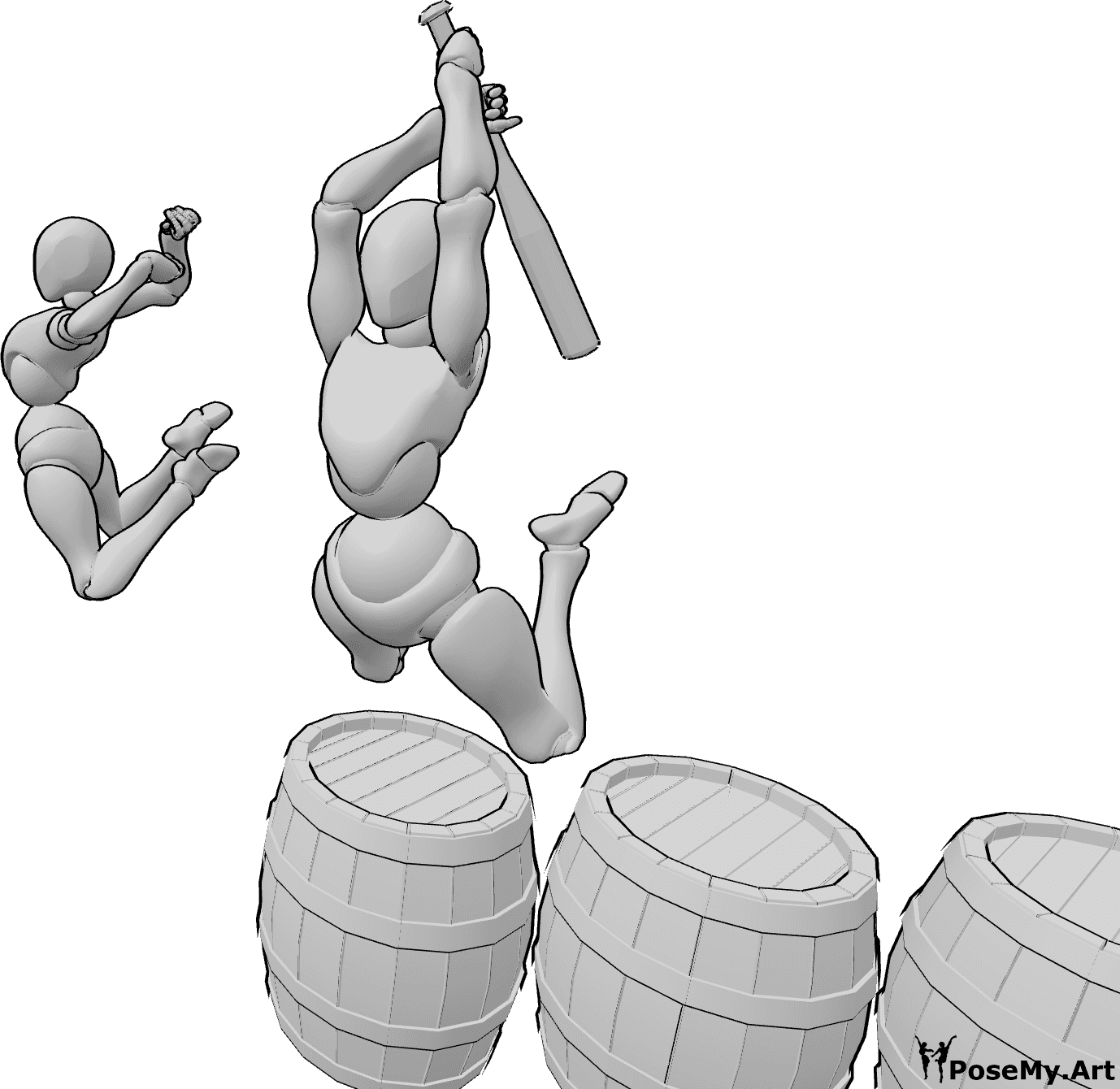 Pose Reference- women jump attack from barrels - two women jump from barrels, one with bat, legs to the back