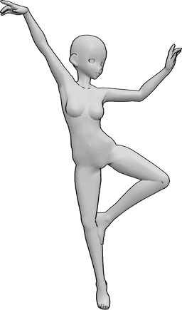 Référence des poses- Pose de l'anime qui danse joyeusement - Une jeune fille joyeuse se tient debout sur sa jambe droite et prend la pose pour danser.