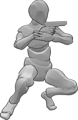 Referência de poses- Apontar arma pose de agachamento - O homem está a apontar a arma em pose de agachamento