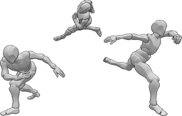 Referencia de poses- Bot de tres hombres en Evasión aérea - Bot de tres hombres en Evasión aérea - uno en el aire, dos en el suelo