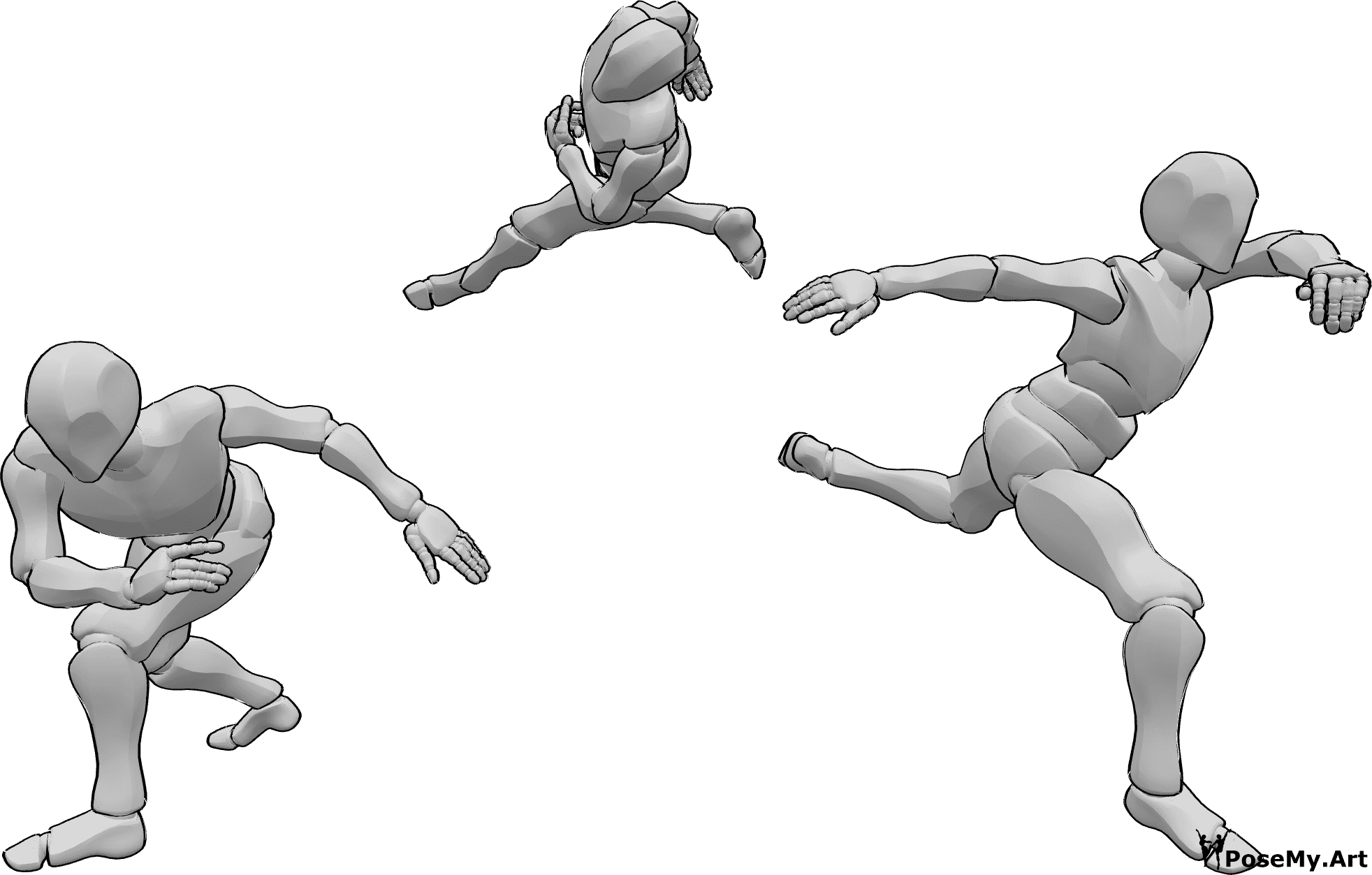 Pose Reference- Three man bot in Aerial Evade - Three man bot in Aerial Evade - one in the air, two on the floor