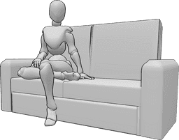 Posen-Referenz- Sitzendes Sofa lässige Pose - Die Frau sitzt lässig auf dem Sofa