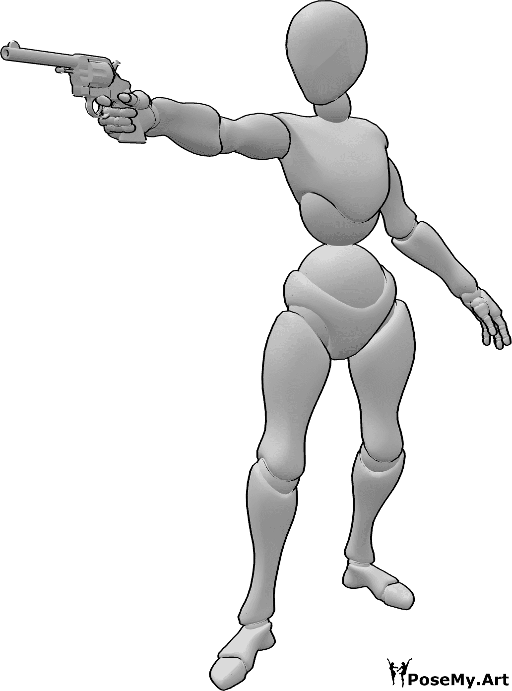 Pose Reference- Female aiming gun pose - Female is standing and aiming the gun forward pose