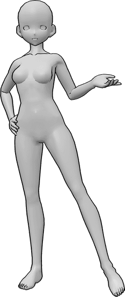 Referencia de poses- Mujer segura de sí misma de pie - Mujer anime confidente está de pie con la mano derecha en la cadera pose