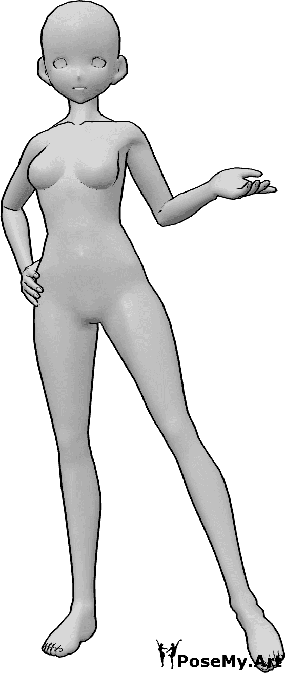 Pose Reference- Confident female standing pose - Confident anime female is standing with her right hand on her hip pose