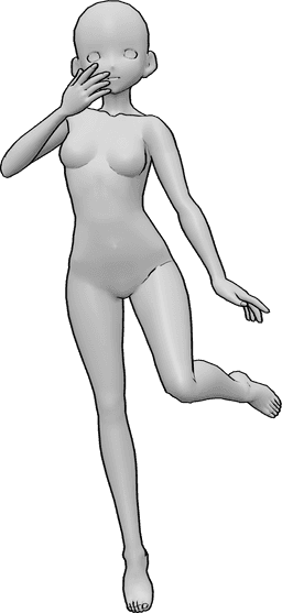 Referência de poses- Pose de riso de mulher de anime - A mulher de anime está a saltar e a rir, tapando a boca com a pose da mão