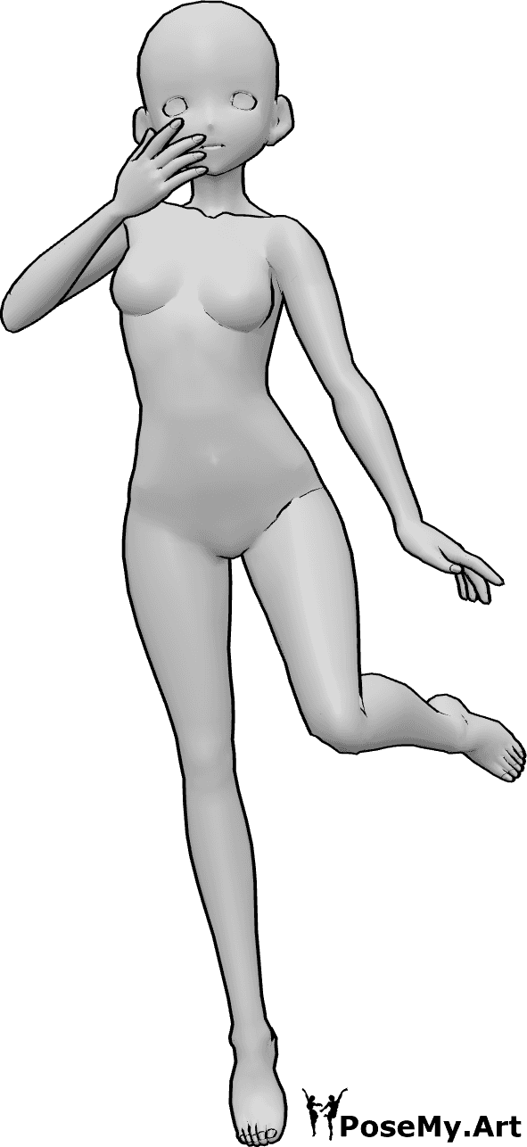 Pose Reference- Anime female laughing pose - Anime female is jumping and laughing, covering her mouth with her hand pose