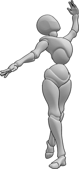 Referencia de poses- Postura femenina de ballet de pie - Mujer de pie y mirando hacia arriba bailando ballet pose